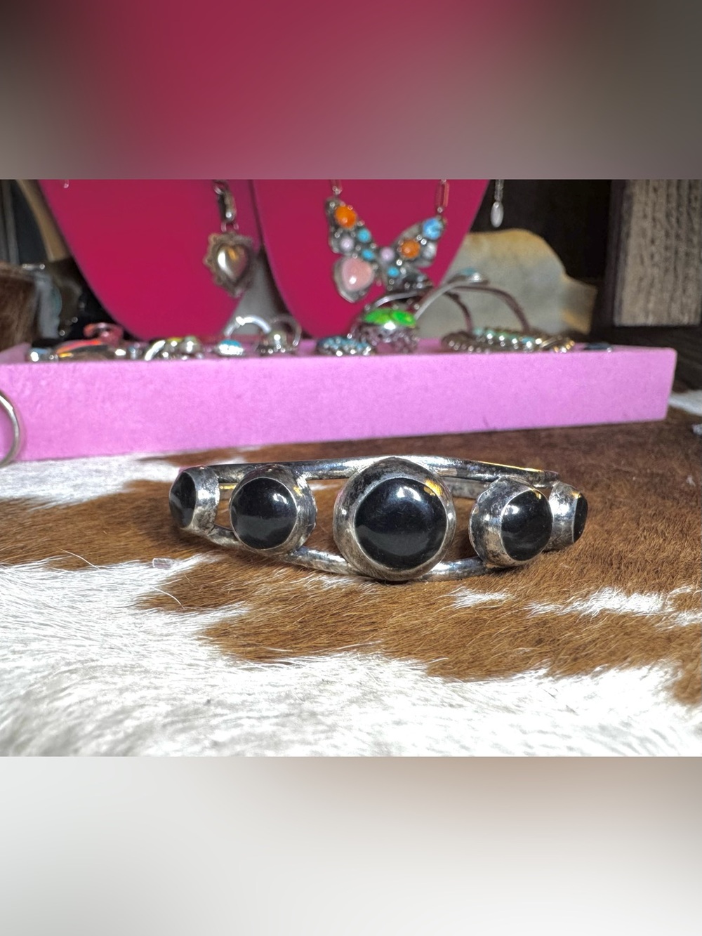 Vintage Native Sterling Silver Black Onyx Cuff